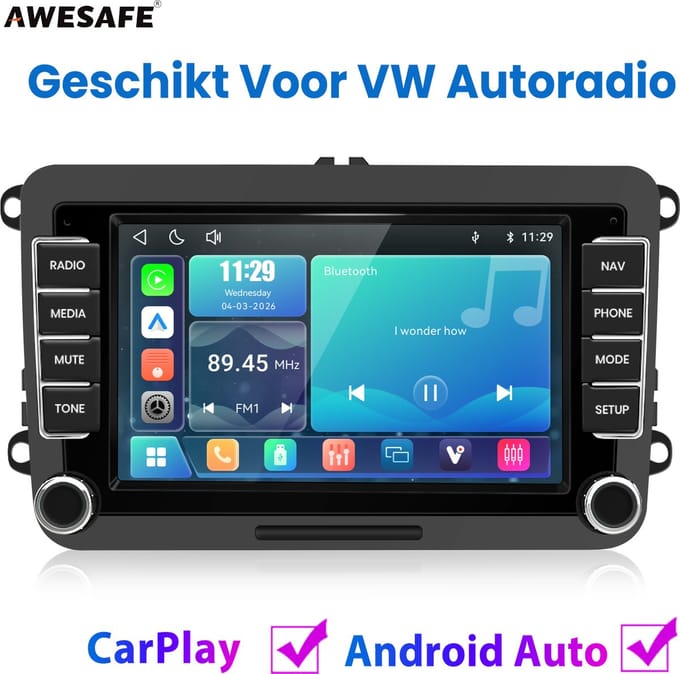 Awesafe Autoradio - Geschikt voor Volkswagen Golf 5 & 6 Polo Caddy Bora Jetta Passat - Draadloze Carplay & Android Auto - Windows CE System - 7 Inch IPS HD Touchscreen - Bluetooth & Wifi