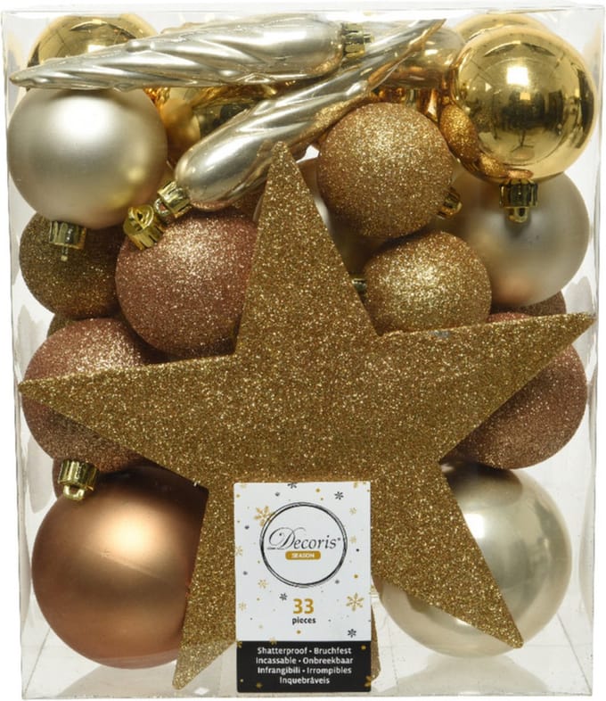 Decoris kerstballen set - 34-dlg - goud/champagne/bruin - incl. piek - kunststof - kerstversiering