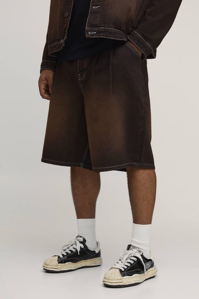 Plus Tinted Washed Pleat Front Parachute Longline Denim Jorts | Dark Chocolate | Size 60