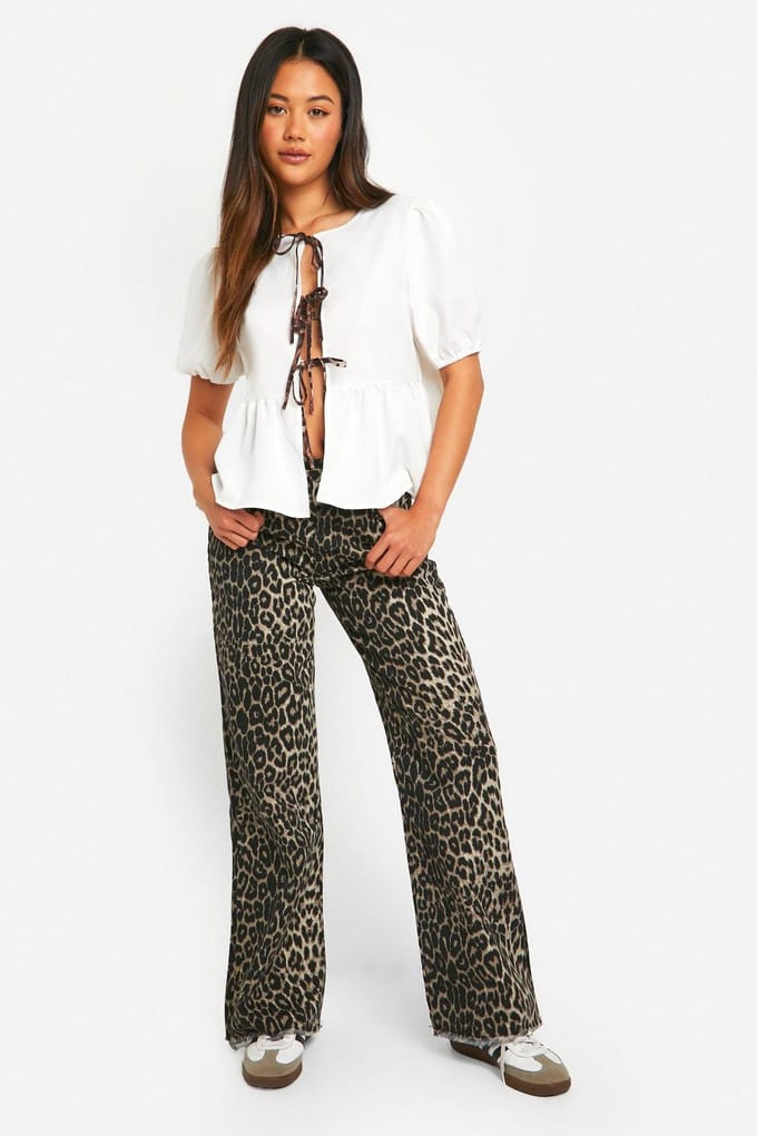 boohoo Dames Contrast Luipaard Strik Boog Top | Wit | Maat: 38