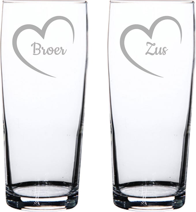 Gegraveerde bierfluitje 19cl Broer met hartje & Zus met hartje