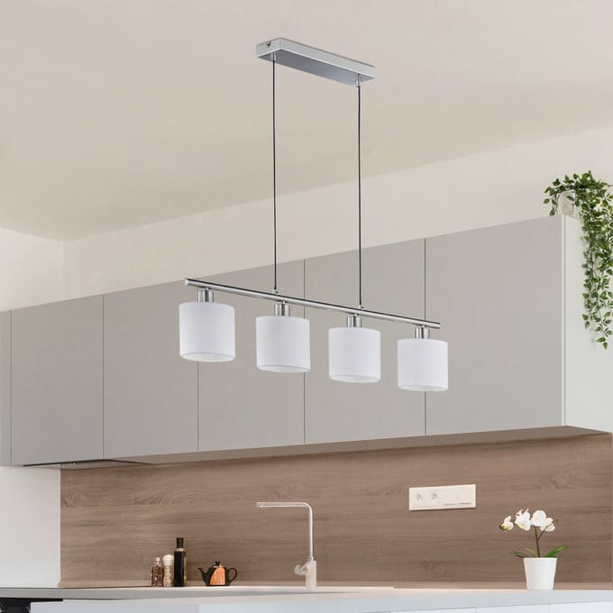 Reality Leuchten Tommy hanglamp, nikkel/wit, lengte 75 cm, 4-lamps, stof