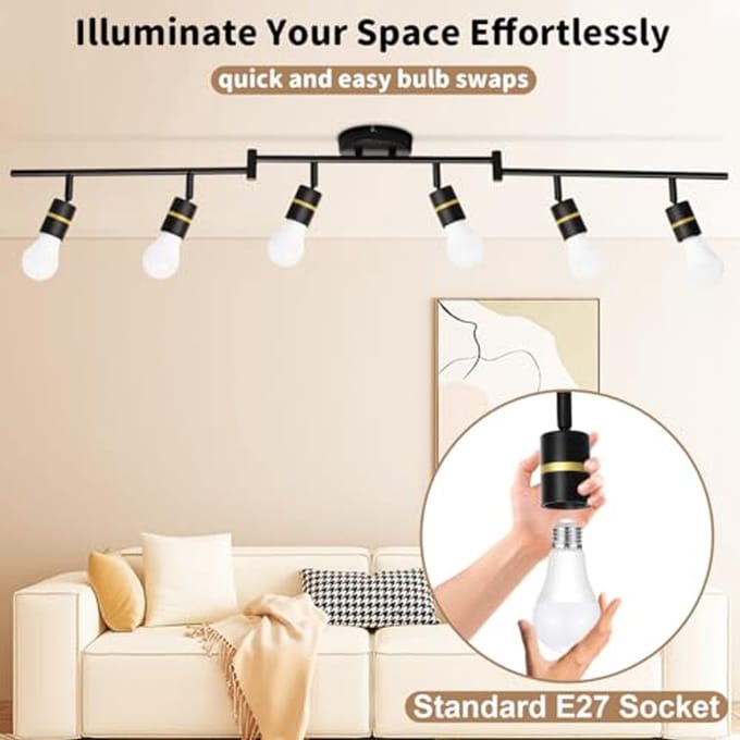 Moderne plafondspot met 6 verstelbare lichtpunten, E27 fitting, zwart metaal