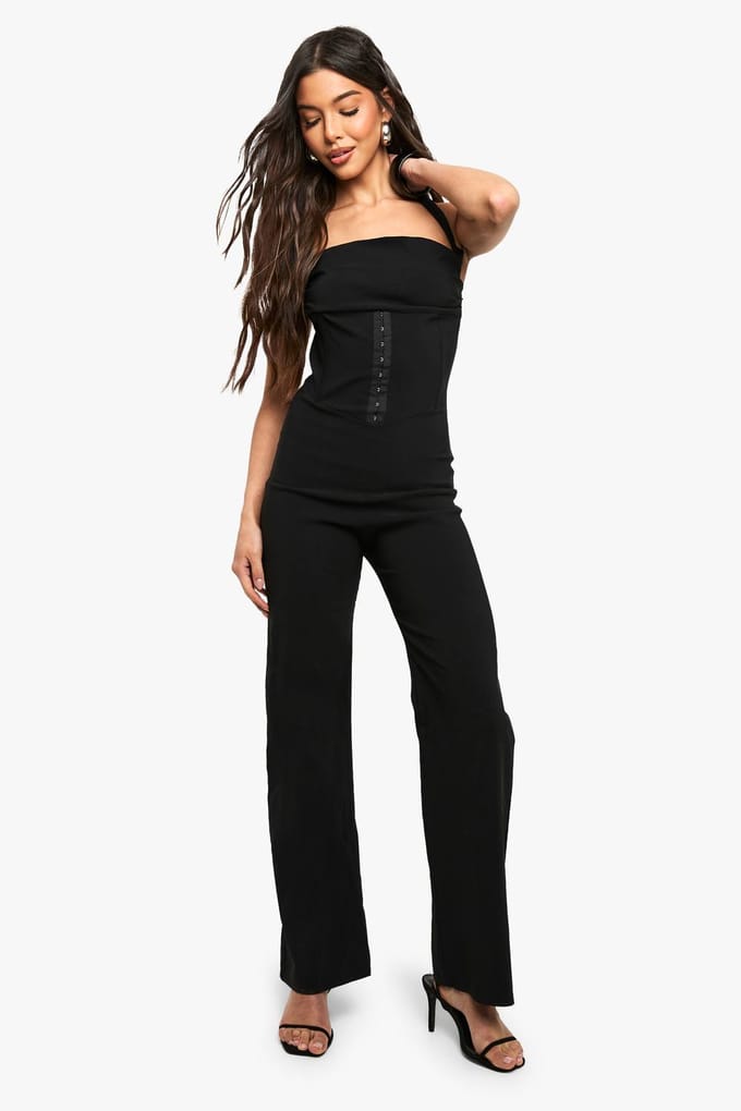 boohoo Dames Bengaline Halterneck Korset Jumpsuit | Black | Maat: 14