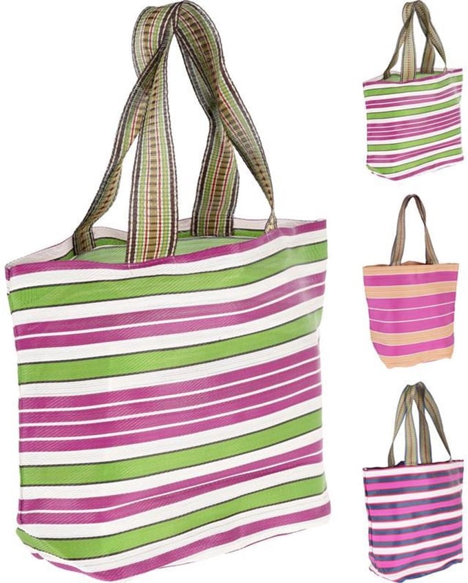 Home & Styling shopper tas gestreept met hengsels roze multicolor.