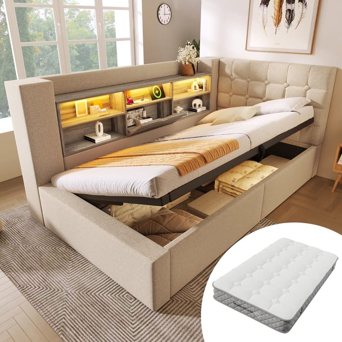 REDOM gestoffeerd eenpersoonsbed 90x200 cm – Linnen beige – LED, 3 USB + 1 Type-C, hydraulische opbergruimte – Incl. matras