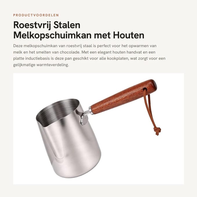 Dailygoods - Roestvrij Stalen Melkopschuimkan met Houten Handvat 350ml