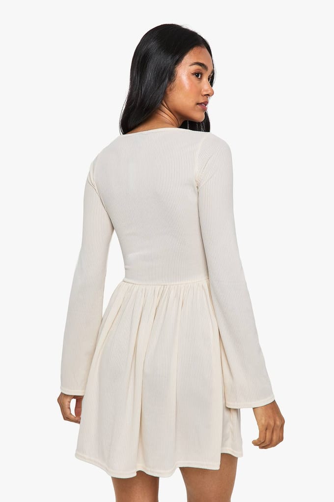 boohoo Dames Rib Drop Hem Button Down Mini Jurk | Cream | Maat: 12