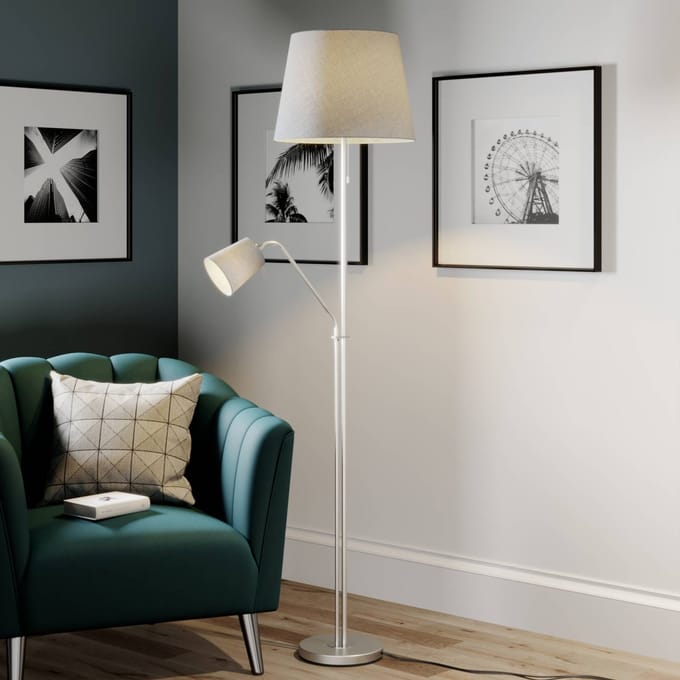 Vloerlamp Lindby Nantwin, 175 cm, grijs, nikkel, textiel
