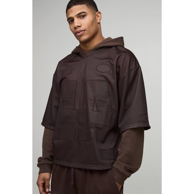Oversized Boxy Varsity Applique Faux Layer Mesh Hockey Top Hoodie | Brown | Size Medium