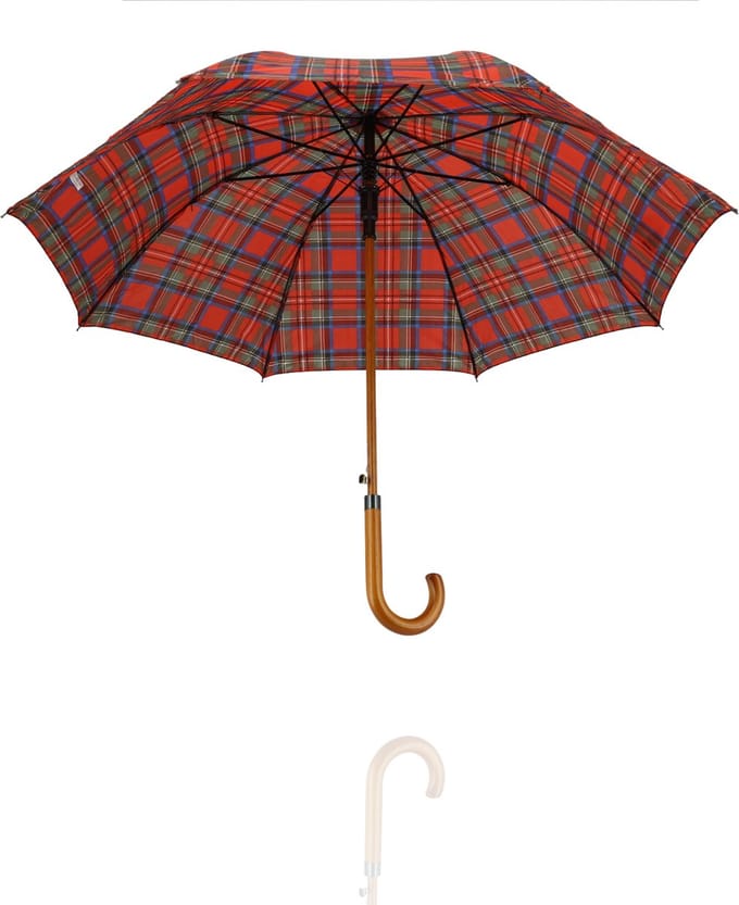 Paraplu geruit rood automatisch - Houten Handvat - Ruitpatroon ⌀ 105