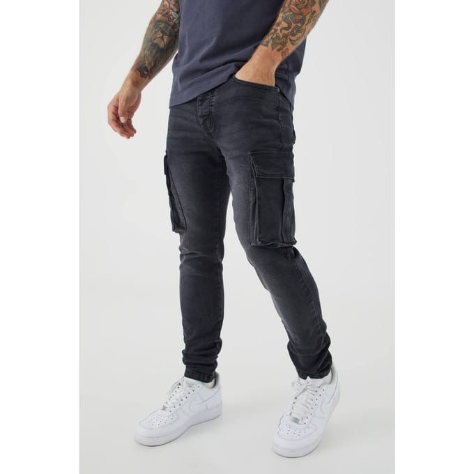 Skinny Stretch Washed Cargo Jeans | Washed Black | Size 32R