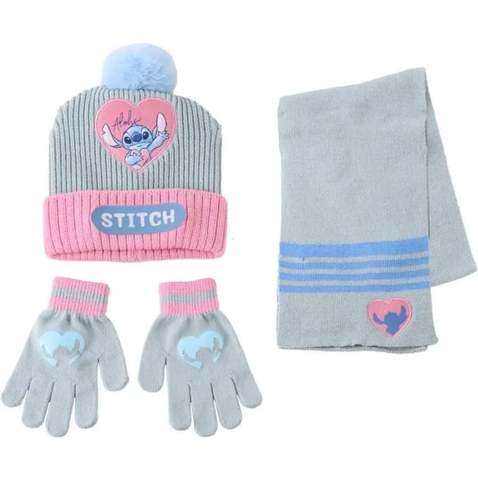 Disney Stitch Winterset Kinderen – Muts, Handschoenen en Sjaal – Grijs Roze – Officieel Gelicenseerd