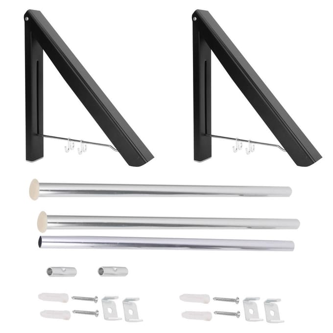 120cm Espace de Tringle Aluminium Mural Pliant Double Support Porte-Vêtements Étendoir Rétractable Noir noir