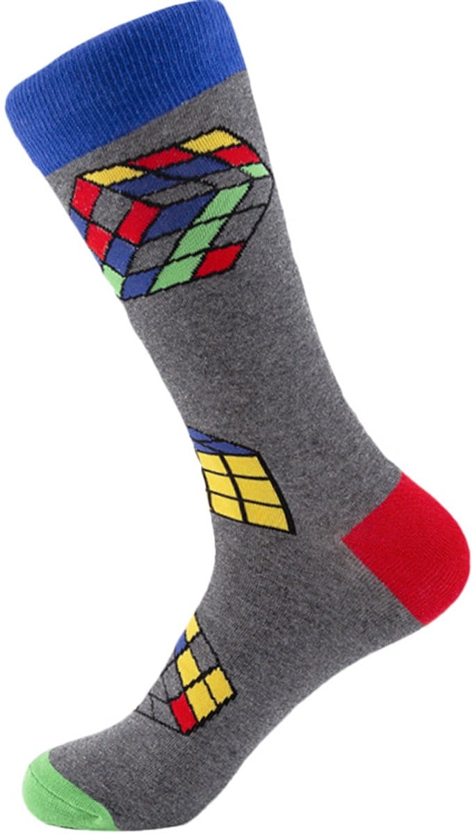 Sokken heren - mannen - grijs - blauw - leuke print Cube - 40 - 45 - cadeau voor hem - geschenk man - gift