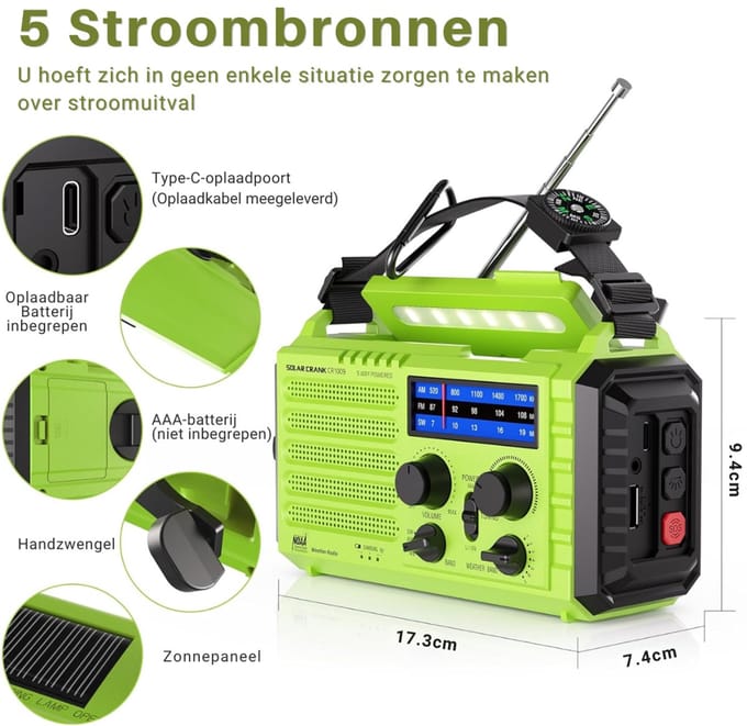 VLSelect® Noodradio - Solar Opwindbaar - Draagbare Radio - Noodgeval