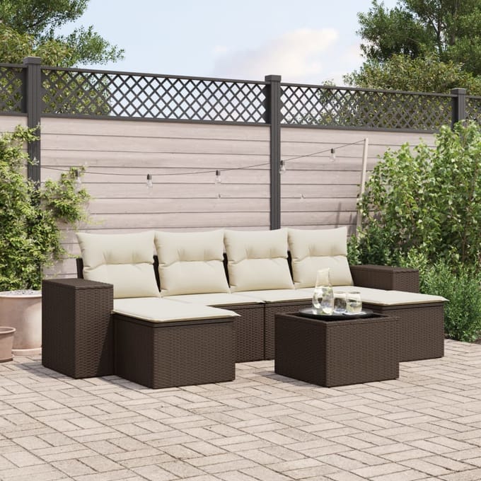 vidaXL - 7-delige - Loungeset - met - kussens - poly - rattan - bruin