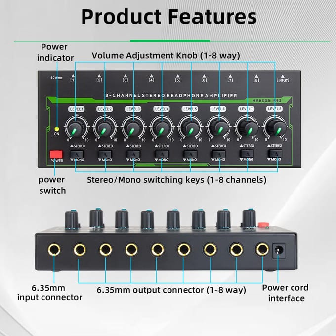 8-kanaals hoofdtelefoonversterker 6,35 mm input/output-interface Stereo hoofdtelefoonversterker Audioversterker US Plug