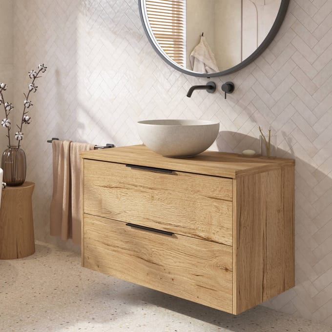 Saqu Lima badmeubel incl. afdekblad 100x51x62cm eiken marcato – mat zwarte greep