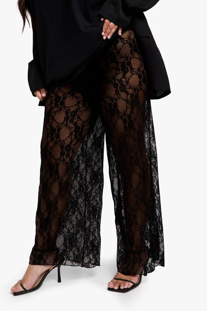 boohoo Dames Plus Kanten Wijde Broek | Black | Maat: 26