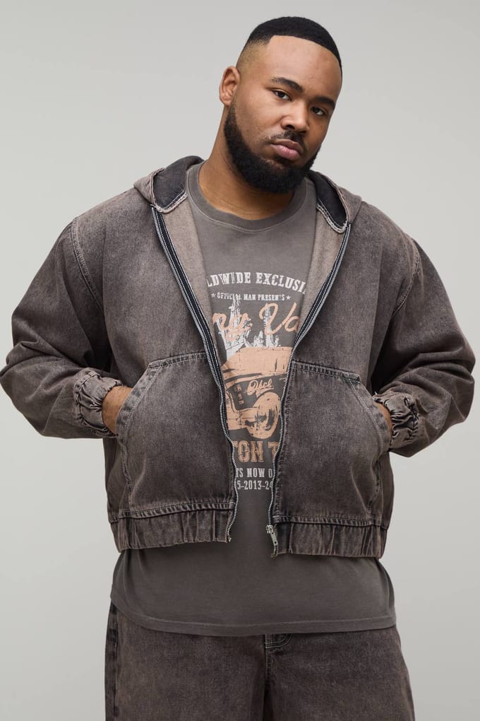 Plus Gewassen Denim Hoodie Met Rits | Mocha | Size 2XL