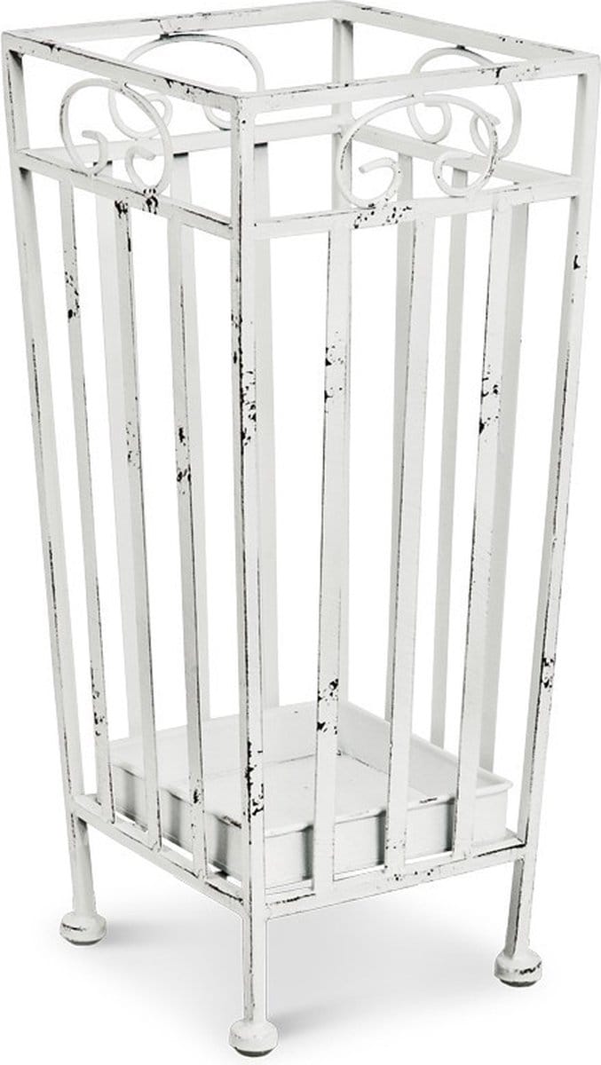 Paraplubak – Wit staal met lekbak – Romantisch ontwerp – 46 cm hoog, 20 cm breed, 20 cm diep