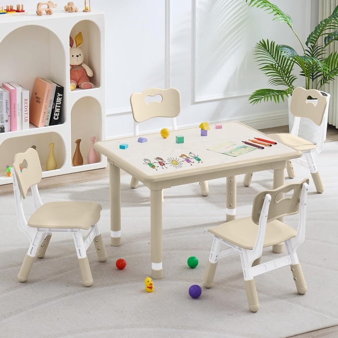 In Hoogte Verstelbare Kinderbureau en Stoelenset met 4 Stoelen