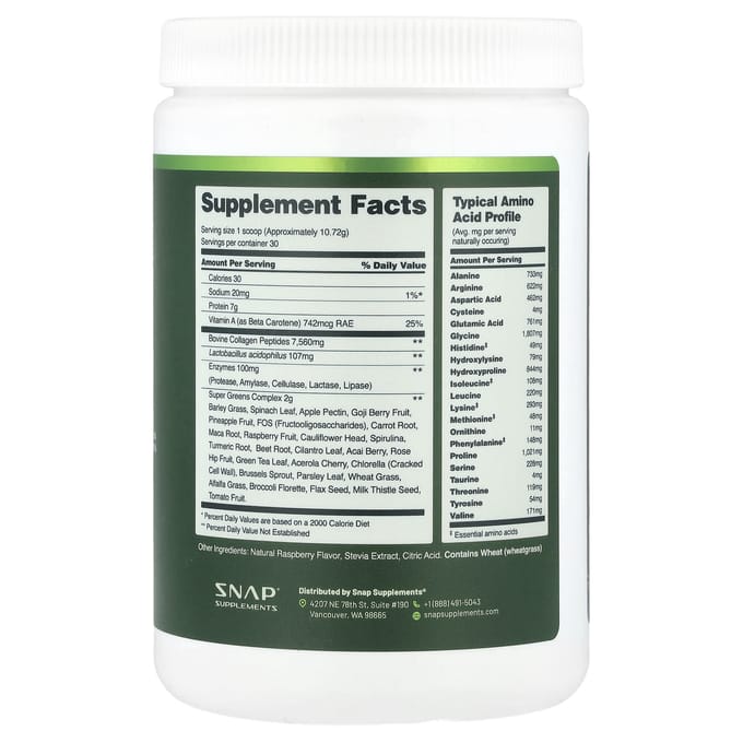 Suppléments Snap, Peptides de collagène + Super Green, 325 g (321,6 g)