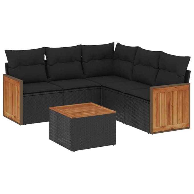 vidaXL - 6-delige - Loungeset - met - kussens - poly - rattan - zwart