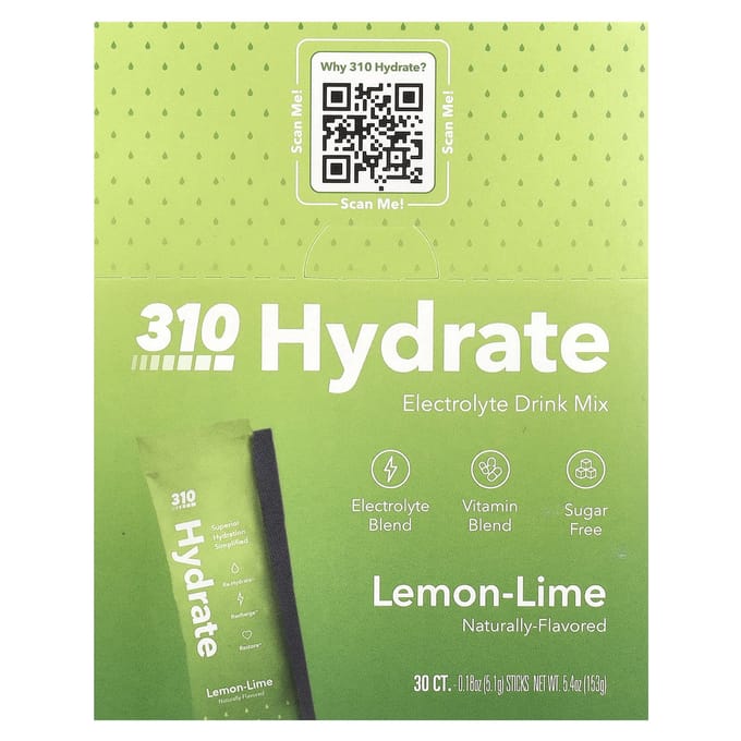 310 Nutrition, Hydrate, Elektrolyten Drankmix, Citroen-Limoen, 30 Sachets, 0.18 Oz (5.1 G) Elk