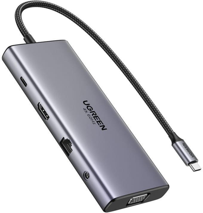 Hub USB-C UGREEN CM639 (45520), 2 x USB-A 3.2 - 3 x USB-C - 1 x HDMI - 1 x VGA - 1 x Jack 3.5mm - 1 x RJ45 - 1 x SD - 1 x microSD, Gri