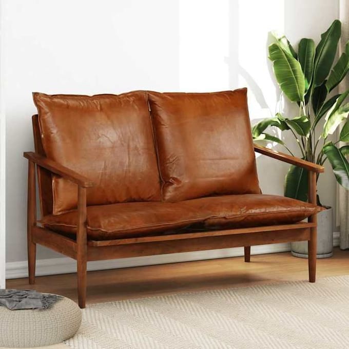 Maison Exclusive - 2-zitsbank Echt leer met acaciahout Bruin bruin