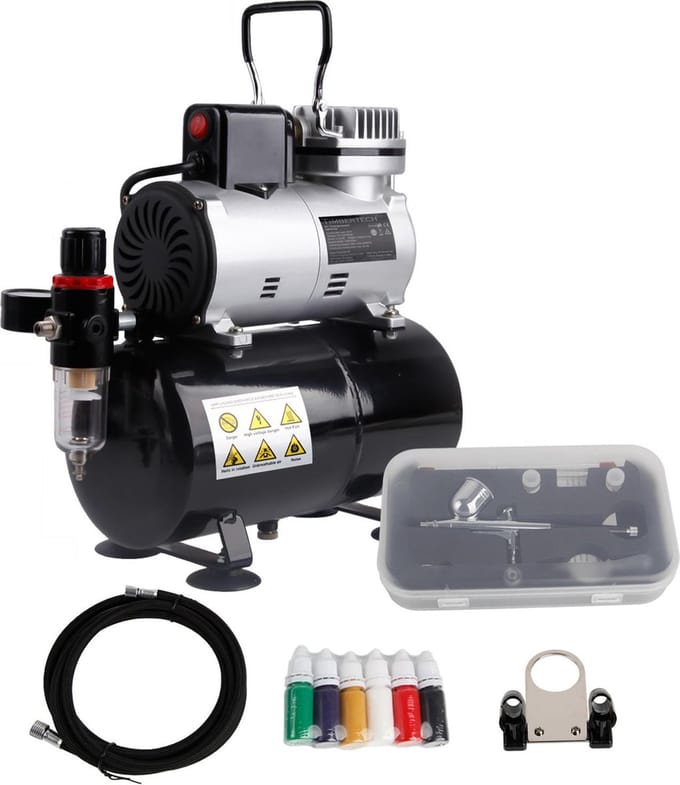Timbertech ABPST08K airbrush compressor complete set met verbeterde koelventilator mini compressor airbrushpistool en airbrush accessoires