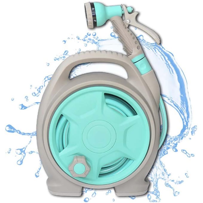 Enrouleur de tuyau d'arrosage étanche compact portable enrouleur de tuyau de lavage de voiture avec tuyau de 15 m pour arrosage de jardin, lavage de voiture gray