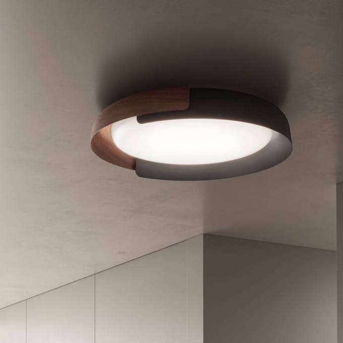 kdln LED plafondlamp Dala, donkergrijs/hout, Ø 58 cm, dimbaar