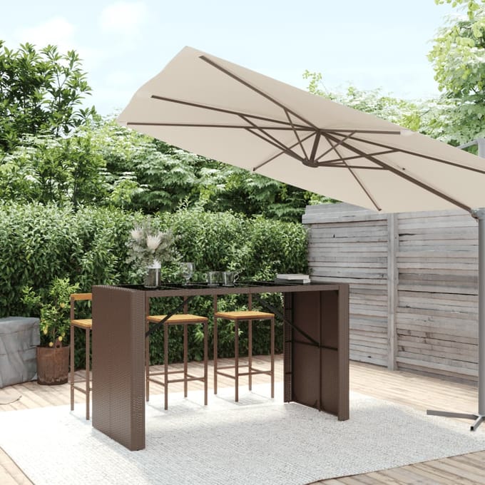 vidaXL - Bartafel - met - glazen - blad - 185x80x110 - cm - poly - rattan - bruin