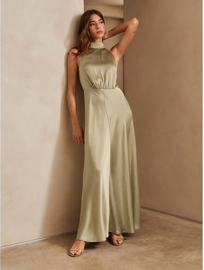 Next - Dames - Satijnen halter mouwloze midi-jurk met textuur - Goud