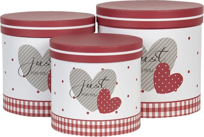 Clayre & Eef Hoedendoos Set van 3 Ø 19x19 / Ø 17x17 / Ø 15x15 cm Rood Wit Karton Rond Hart Opbergdoos