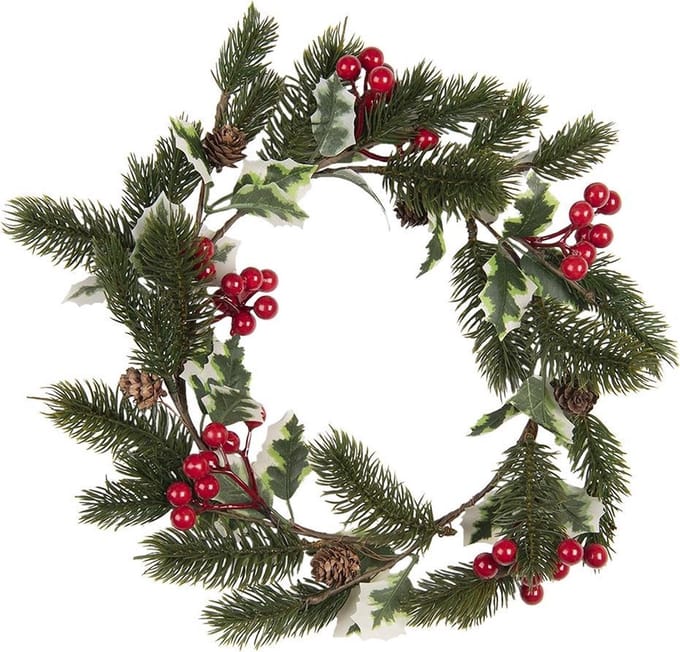 Clayre & Eef Krans Ø 33 cm Groen Rood Hout Kunststof Rond Kerstkrans