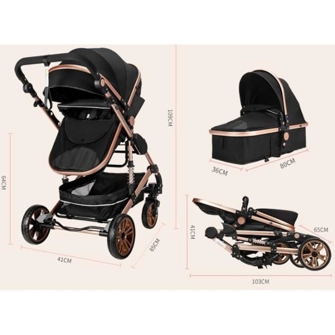 Combinatie Kinderwagen Trio Pak 3-in-1 Bruin Hoog Chassis met Schokabsorptie Opvouwbaar Omkeerbare Autostoel Luchtloze Wielen bruin