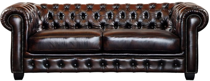 Vente-unique Driezitsbank en fauteuil Chesterfield BRENTON 100% buffelleer - bruin tinten
