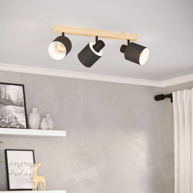 EGLO Batallas plafondspot, lengte 48 cm, zwart/hout, 3-lamps.