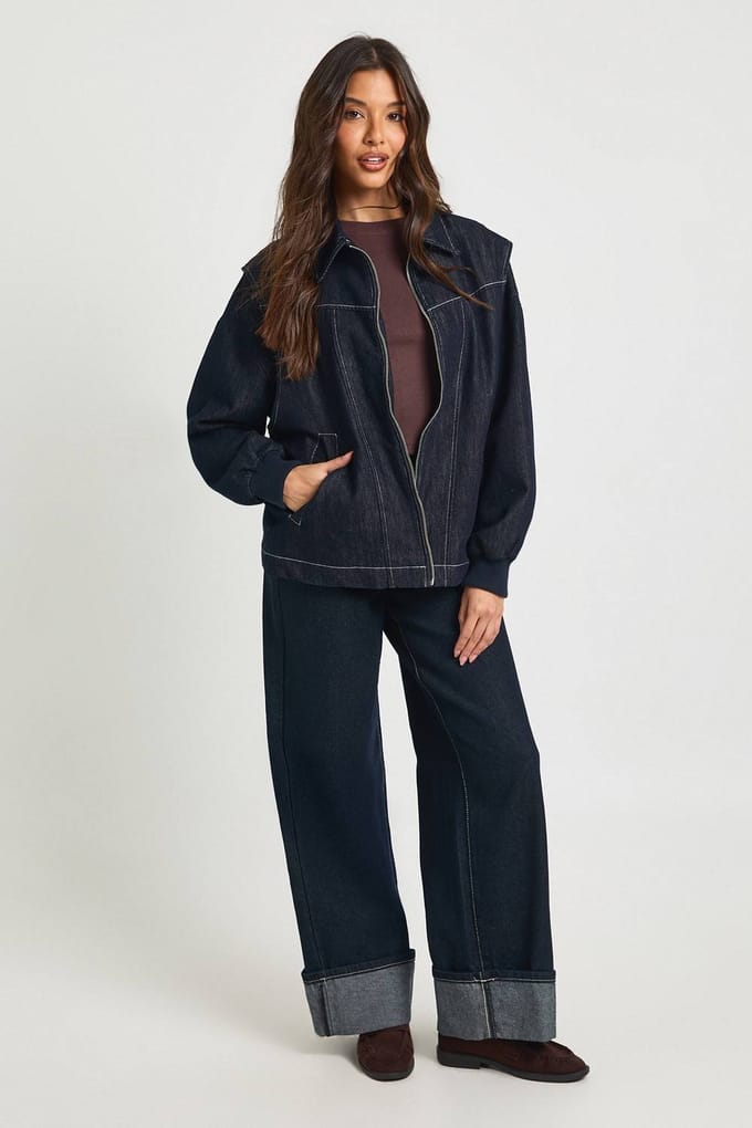boohoo Dames Denim Bomberjack Met Contrasterende Stiksels | Indigo | Maat: 34