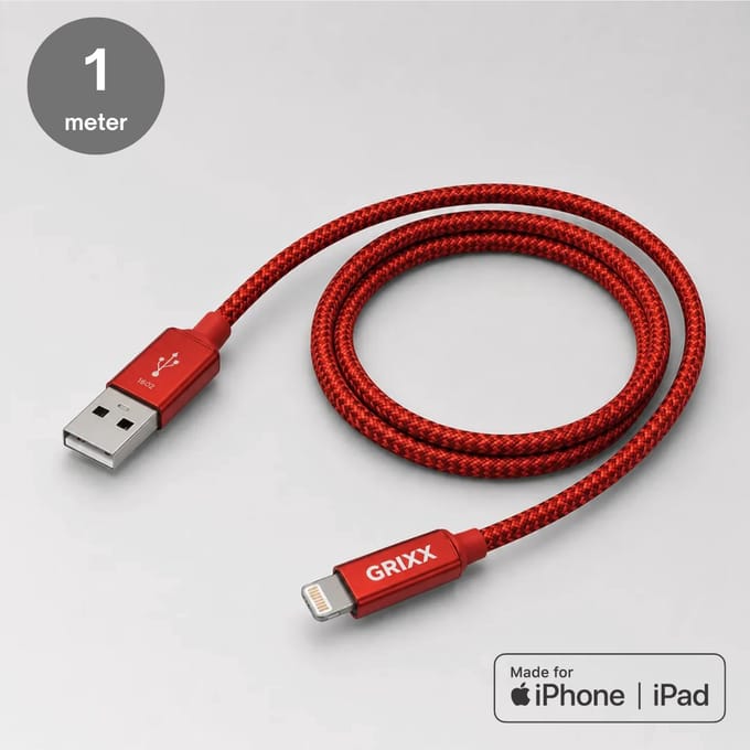 Lightning naar USB-A kabel - Grixx - MFi - iPhone oplaadkabel - 1 meter - rood