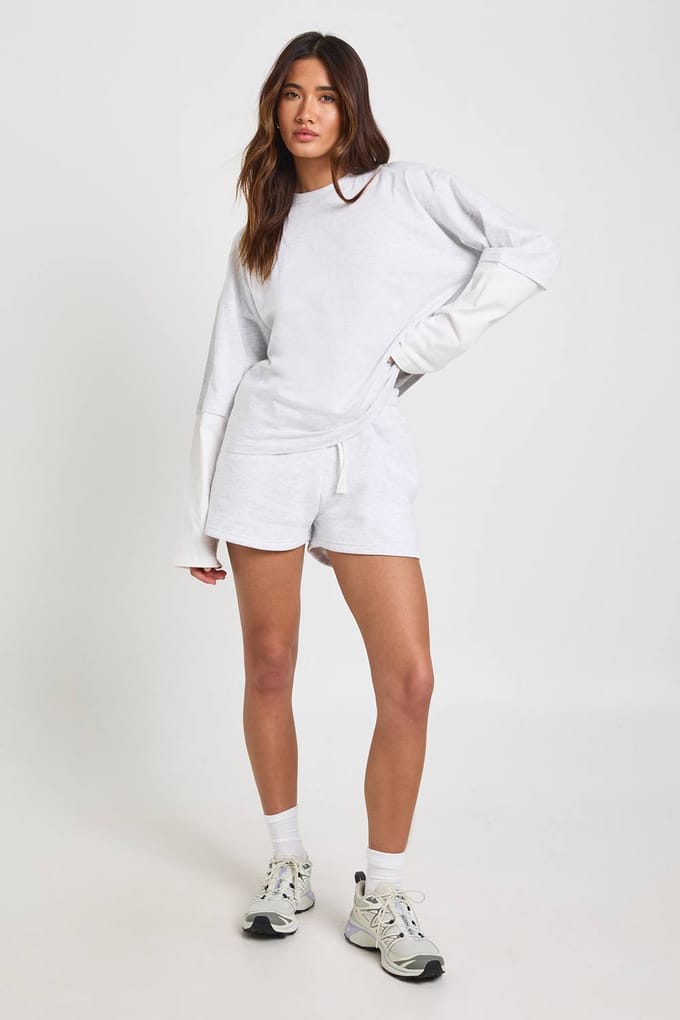 boohoo Dames Dubbellaags Top En Sweat Short Set Met Contrasterende Trekkoord | Asgrijs | Maat: Medium