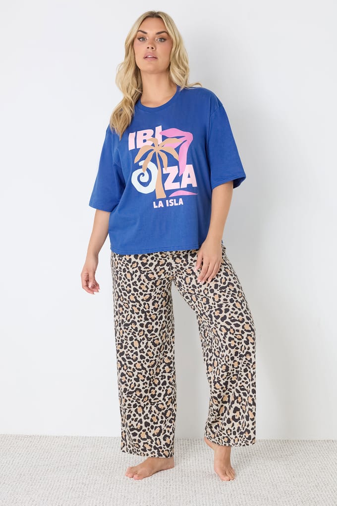 Yours Blauw & Luipaardprint 'Ibiza' Pyjamaset Size 46-48