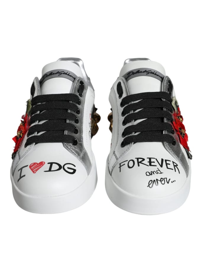 Dolce & Gabbana Witte Leren Bloemige Studded Sneakerschoenen