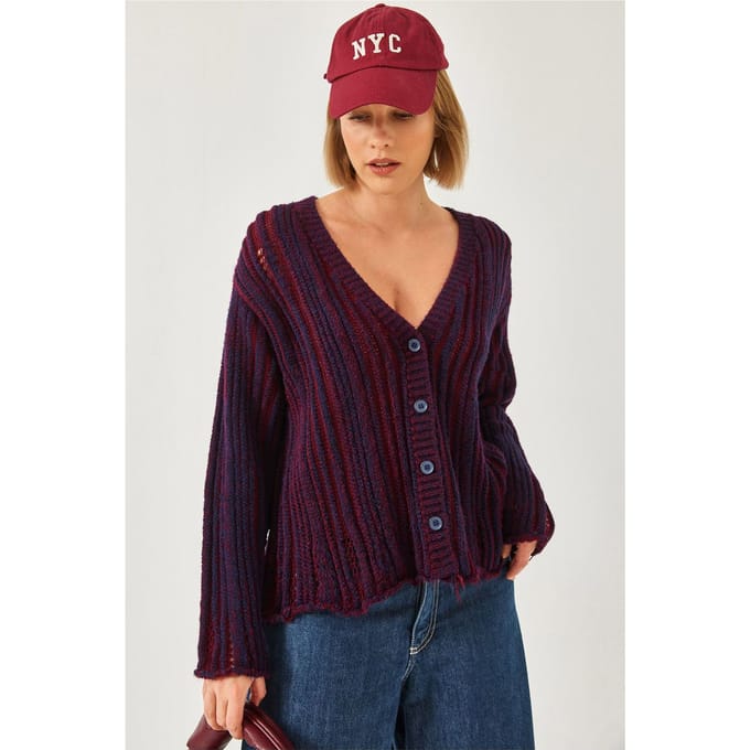Gestreepte Geribde Brei Cardigan met V-hals