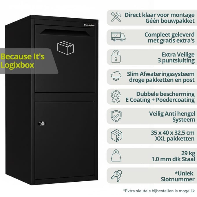 Logixbox - Pakketbrievenbus - Pakketbox Frontbox Deluxe - Zwart - GEEN BOUWPAKKET -> GRATIS STICKERS + MAT + EXTRA BEVEILIGING --