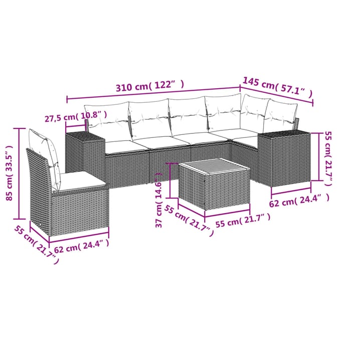 vidaXL - 7-delige - Loungeset - met - kussens - poly - rattan - grijs